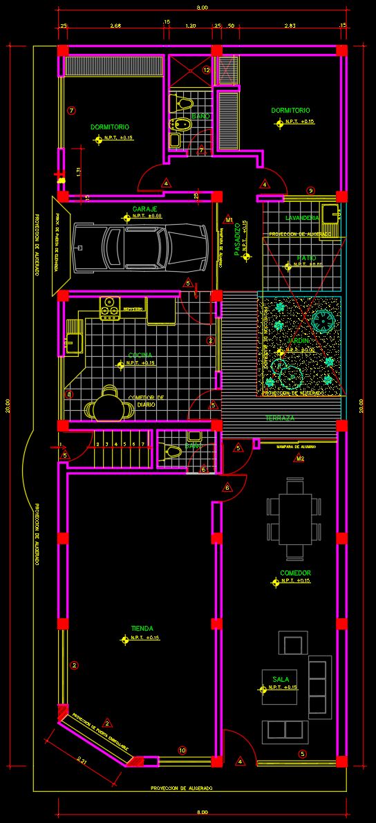 plano de casa 8x20m esquinera
