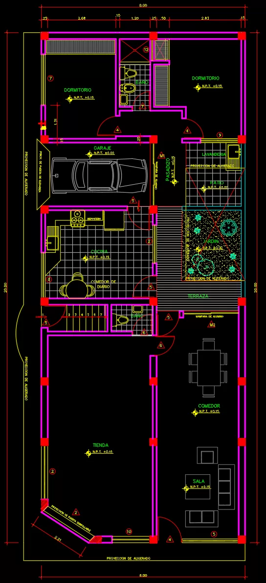 plano de casa 8x20m esquinera