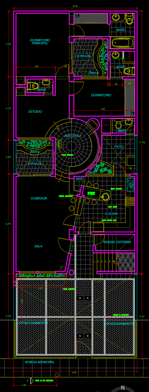 plano casa 8x20m de 3 pisos