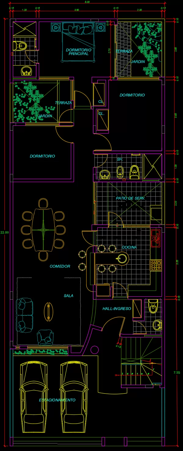 plano casa 8x22 metros