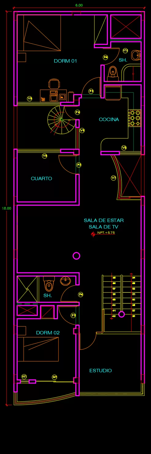 plano de casa 6 x 20 de 3 pisos