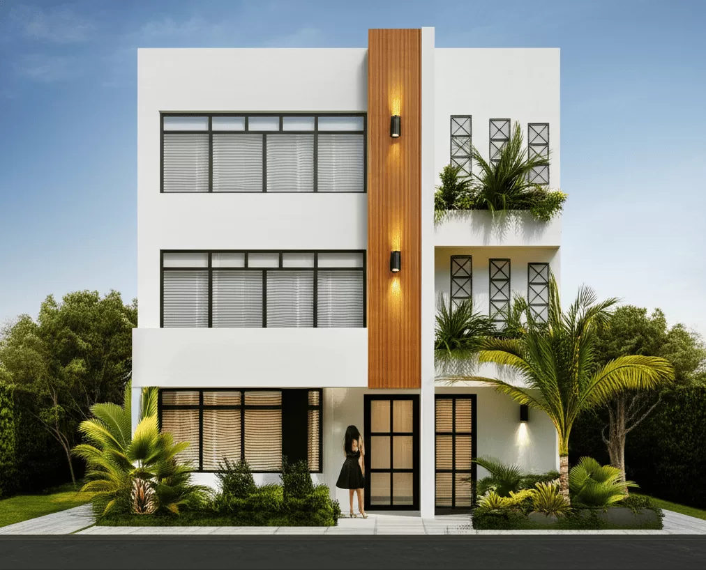 ᐈ Plano de Casa 8x24 mestros de 3 Pisos │con Patio y Cochera, image size:1012x818